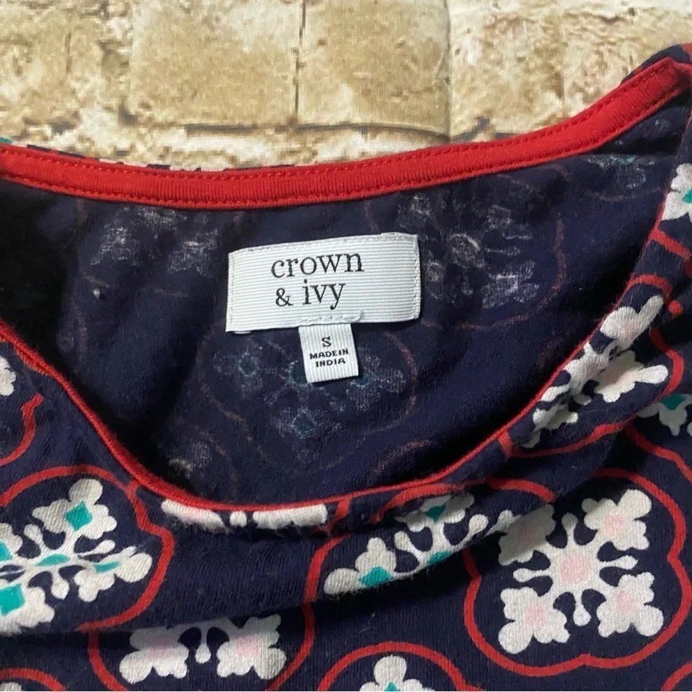 Crown & Ivy Blue Red Christmas Tree Holiday 3/4 Sleeve Dress